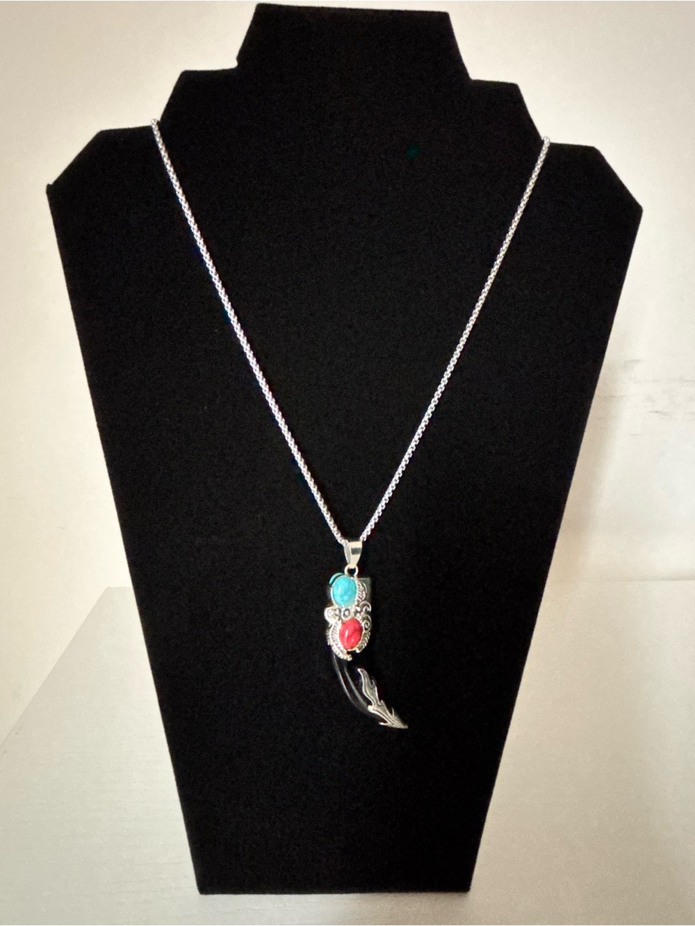 Stainless Steel  Pendant Necklace with Turquoise and Coral Stones